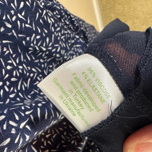 Garnet Hill Dress Navy Blue White Print Faux Wrap 3/4 Sleeve Jersey Knit Size L - Picture 6 of 6